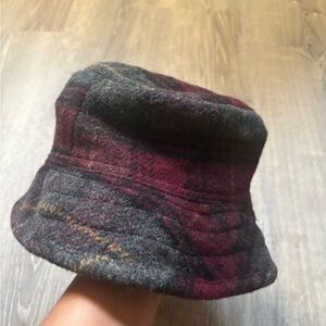 Eddie Bauer Burgundy and Charcoal Plaid Wool Bucket Hat